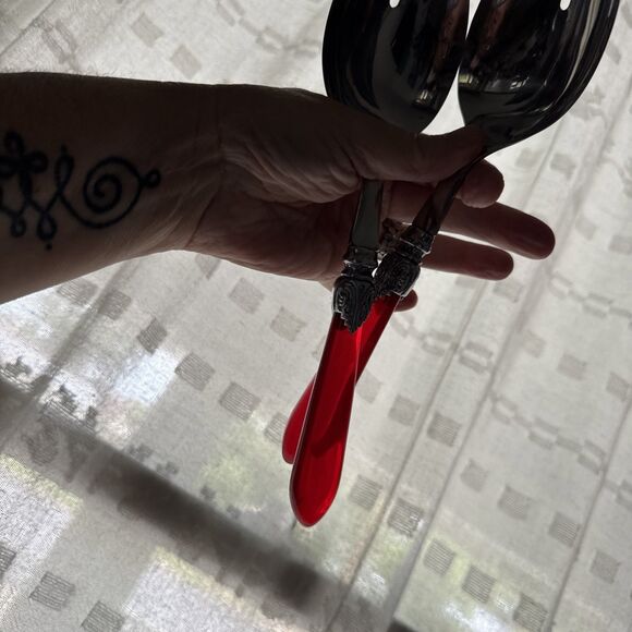 Ruby Red Handled Salad Serving Untensils/Sporks 10 Inches Clear Red Handles - Picture 10 of 11